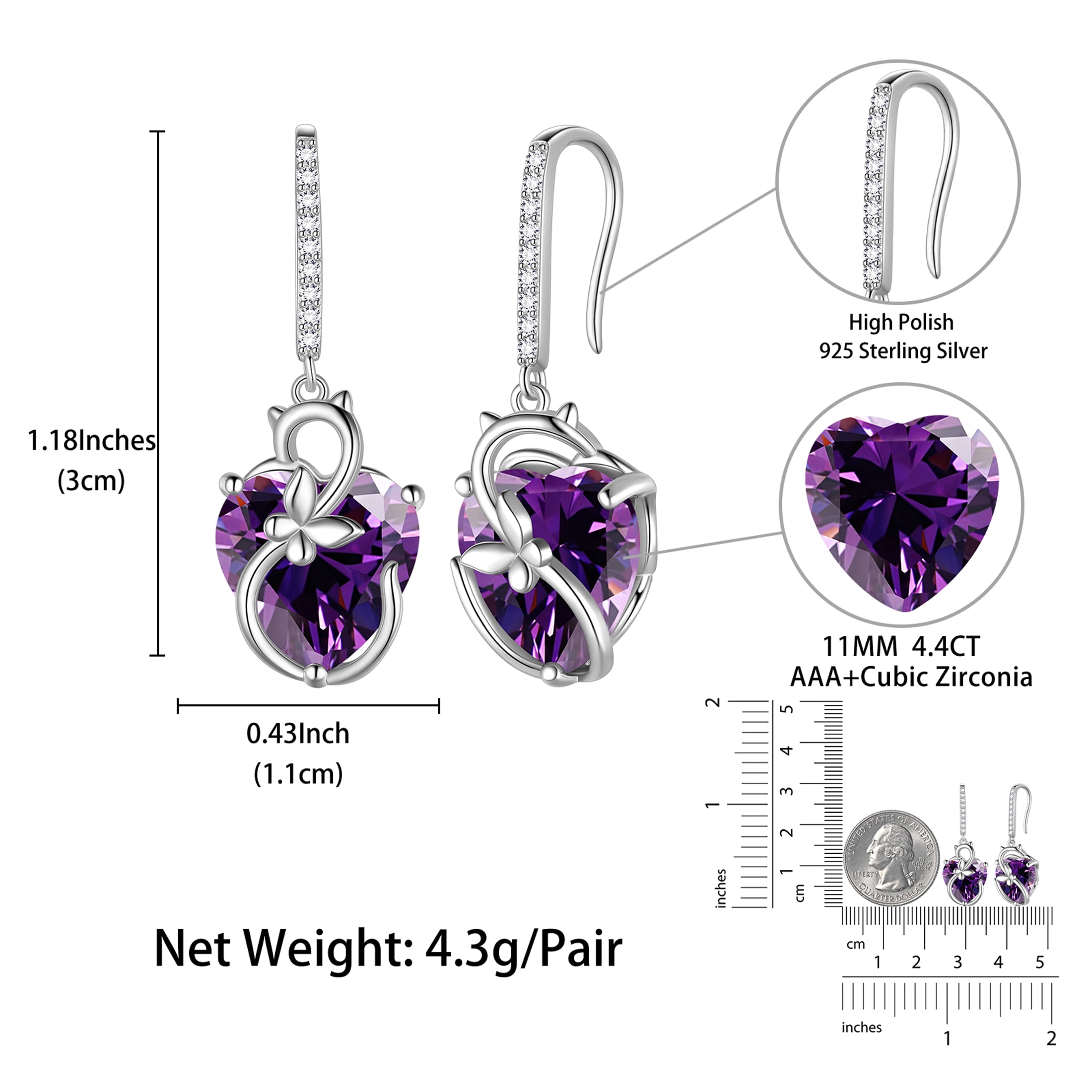 Juwaliy Cat Butterfly Earrings for Women 925 Sterling Silver Earrings Dangle Hook Purple Heart Amethyst February Birthstone Jewelry Mother Christmas Birthday Valentine's Day Gifts for Wife