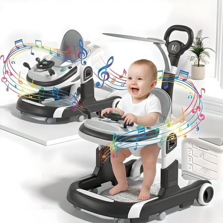 DuoBao 5-in-1 Baby Walkers With Bouncer, Removable Footrest, Feeding Tray & Music, Foldable & Adjustable Activity Walker For Boys And Girls,Ergonomic backrest Design Toddler Infant, Black