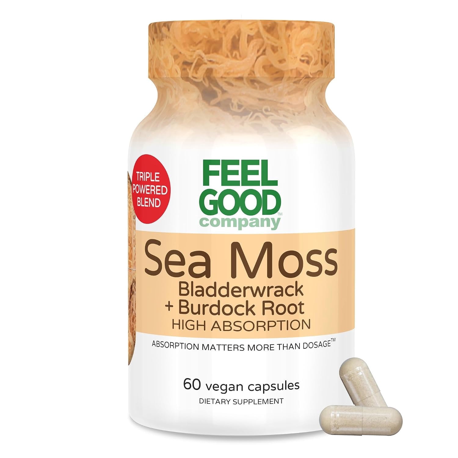 FeelGood Company Sea Moss Bladderwrack with Burdock Root Supplement, High Absorption, 60 Vegan Capsules, Plant-Based Superfood for Thyroid Support