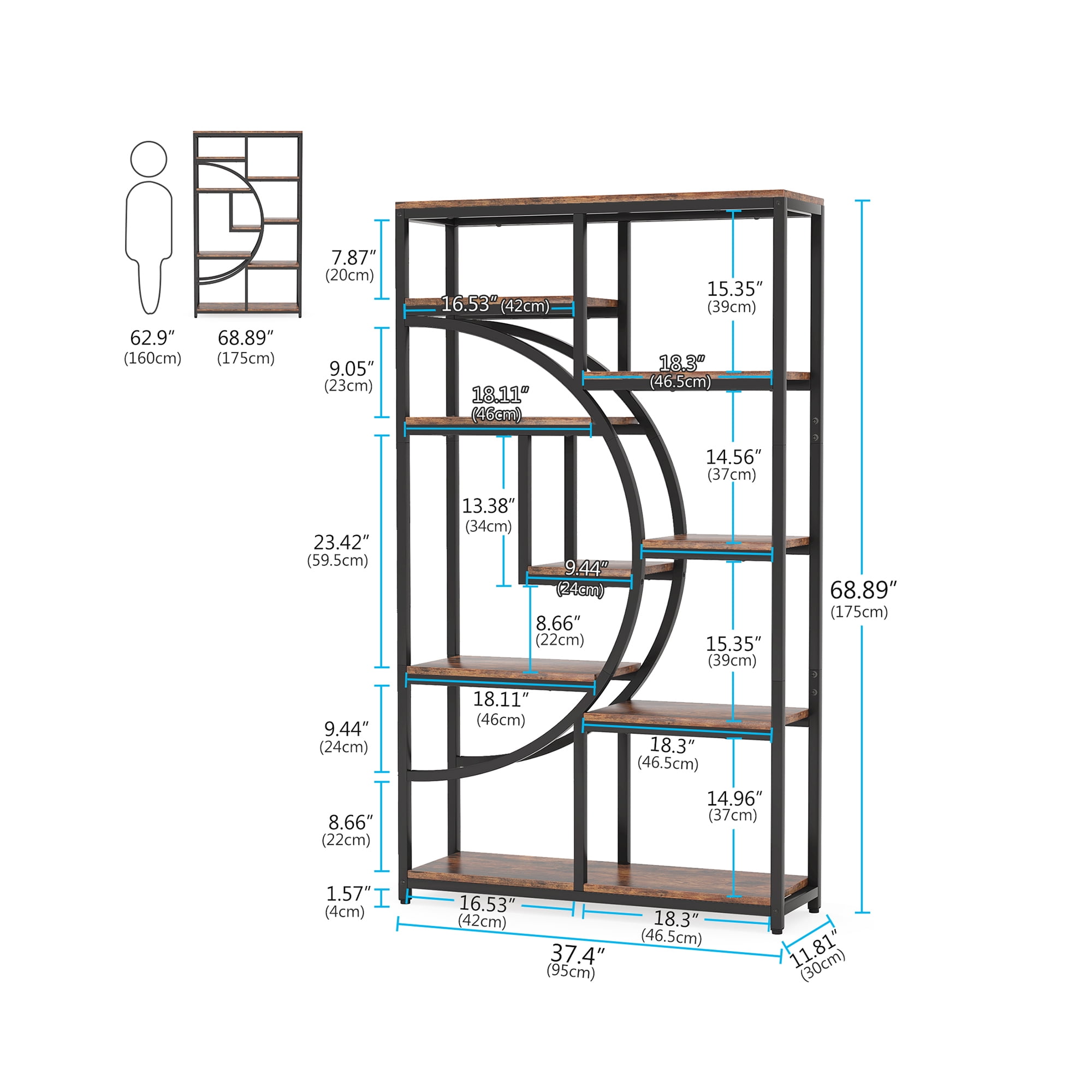 MAYEERTY Industrial Half-Moon Etagere Bookcase, 68.9" 9 Open Storage Shelves Display Rack for Living Room, Bedroom & Home Office