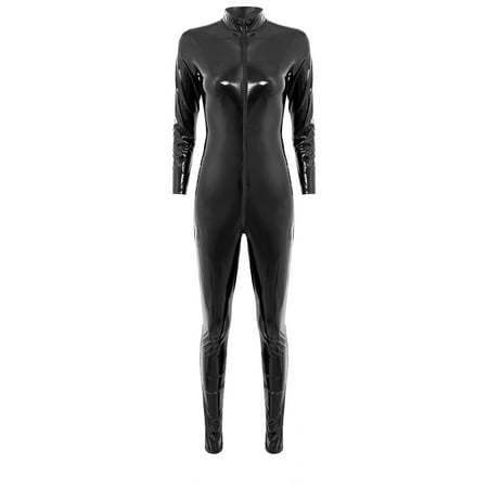 Eandarui Women Wet Look Patent Leather One Piece Zipper Leotard Romper Stand Collar Full Bodysuit Black XXL