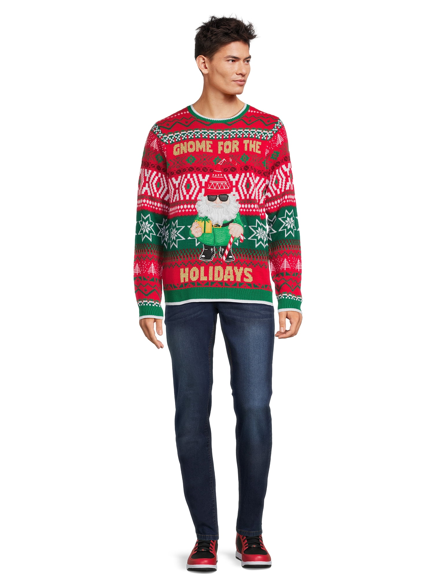 Holiday Time Men's Gnome Ugly Christmas Sweater with Long Sleeves