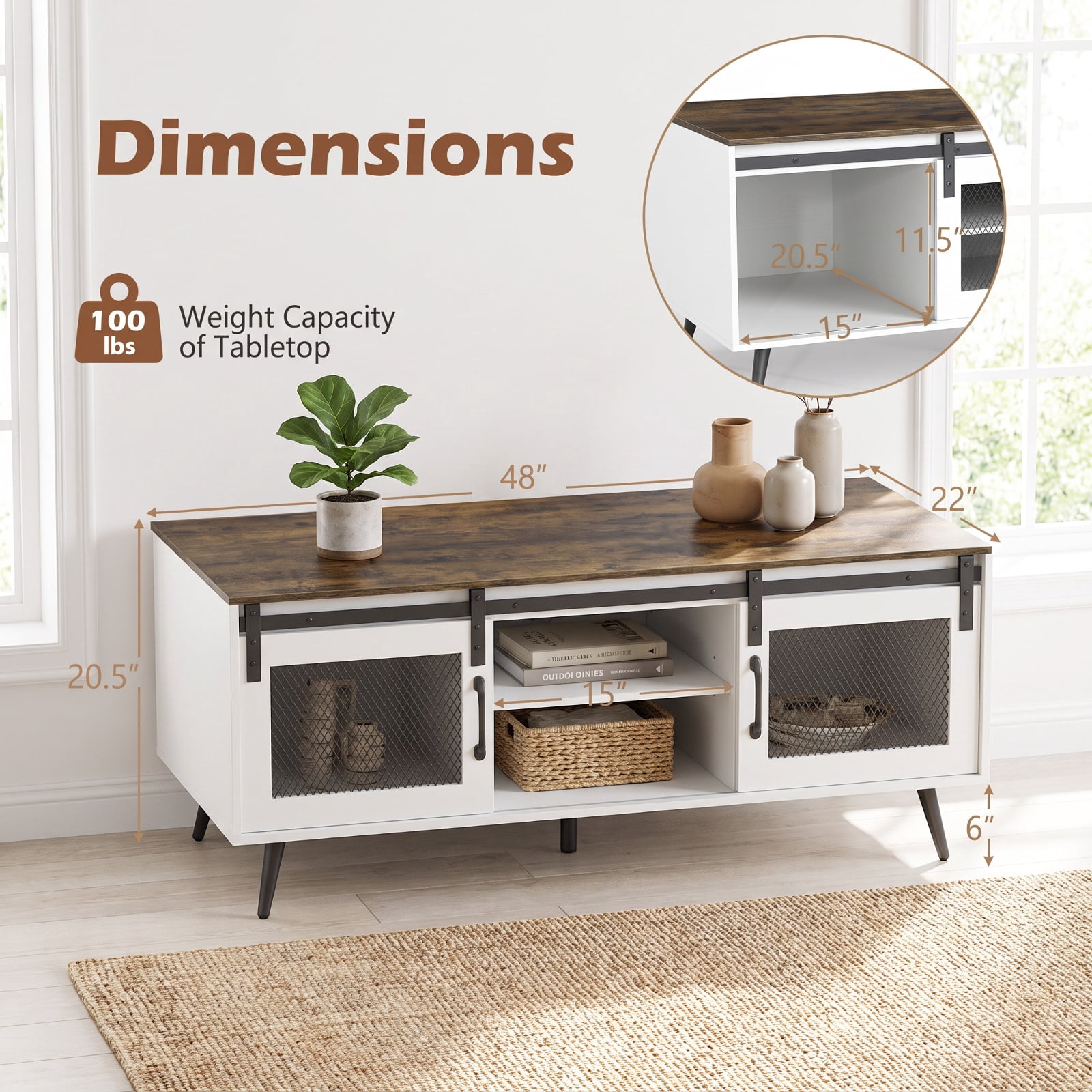 Furnibear 48 Inch Farmhouse Coffee Table with Sliding Mesh Doors Adjustable Shelf and Two Cabinets for Living Room, Rustic Brown