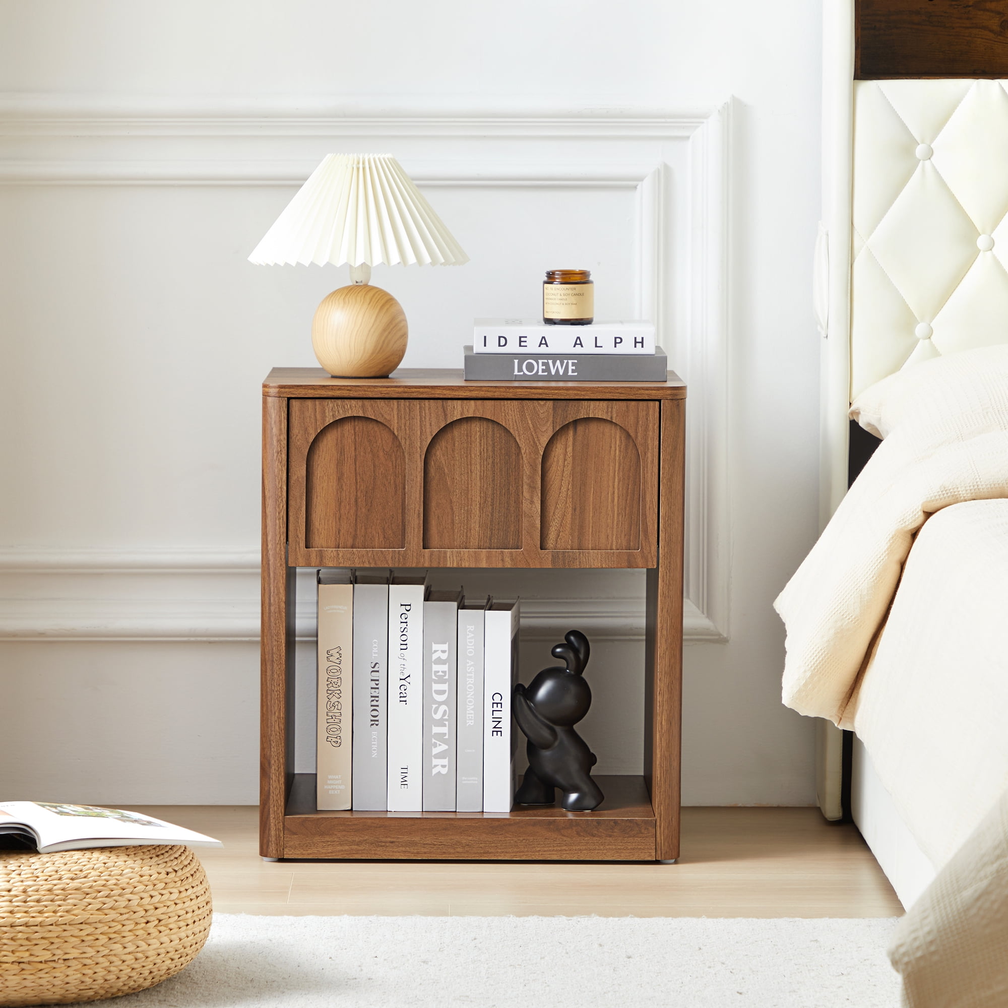 YOCWO Walnut Nightstand Set of 2 with Drawer for Bedroom, Wood Bedside Table with Arched Fluted
