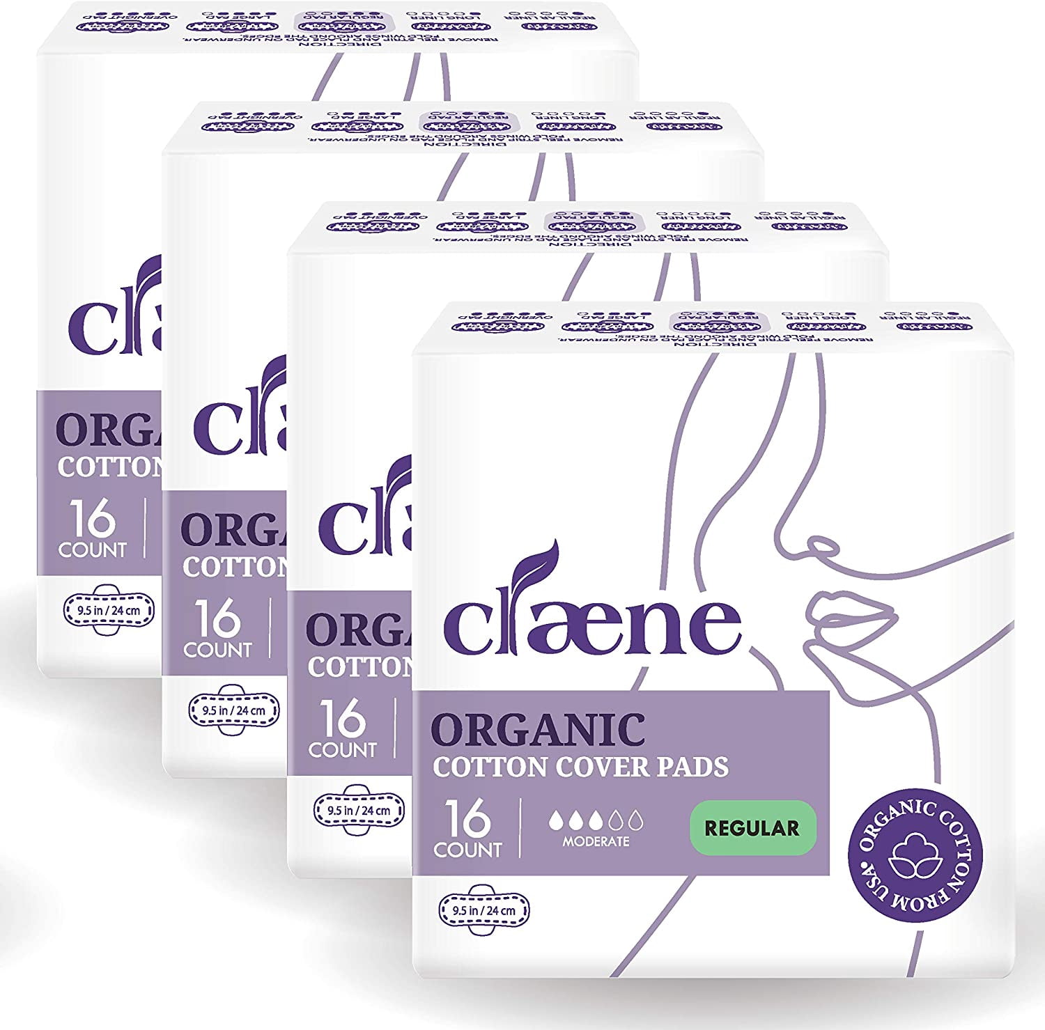 Claene Organic Cotton Cover Pads Natural Sanitary Napkins with Wings 4Pack