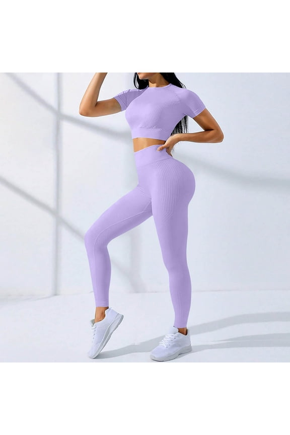 WWV Two Piece Legging Set for Women Workout Outfits Crewneck Short Sleeve Shirts Sets Elastic High Waist Leggings Suit Solid Fashion Slim Tracksuit Weekend Athletic Sportswear Purple S