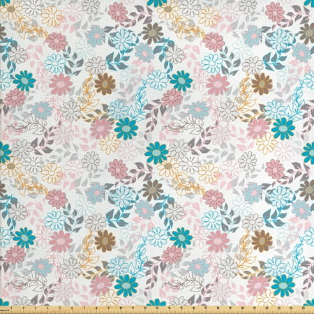 Floral Fabric by The Yard, Pastel Daisies and Leaves Blooming Retro Style Foliage Spring Color Palette, Decorative Fabric for Upholstery and Home Accents, by Ambesonne