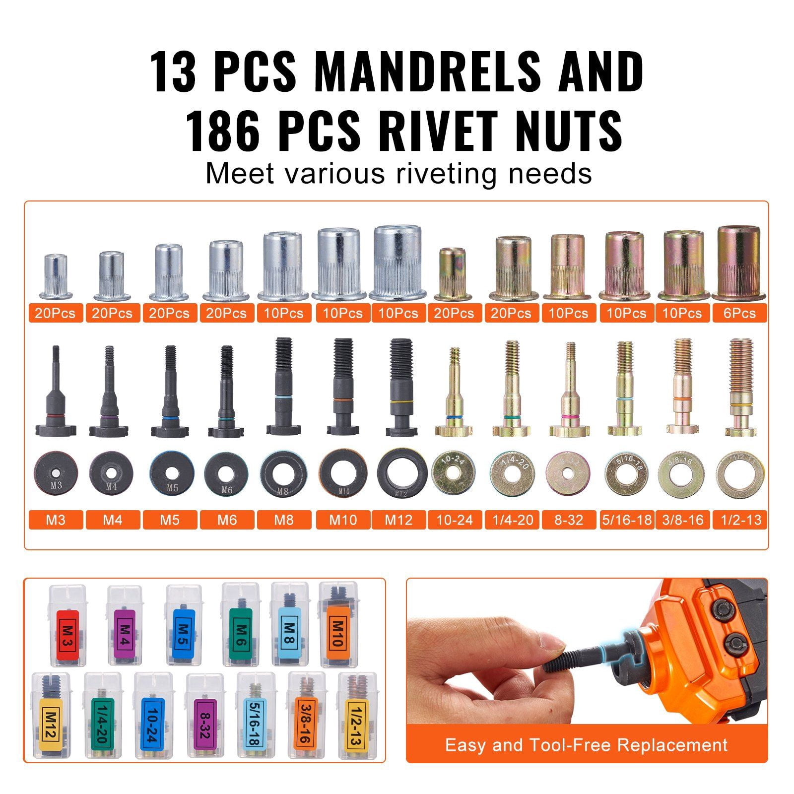 16 Inch Rivet Nut Tool Kit with 13 Metric and SAE Mandrels 186 Rivet Nuts M3 M4 M5 M6 M8 M10 M12 1/4-20 5/16-18 3/8-16 1/2-13 8-32 10-24 Including Carrying Case