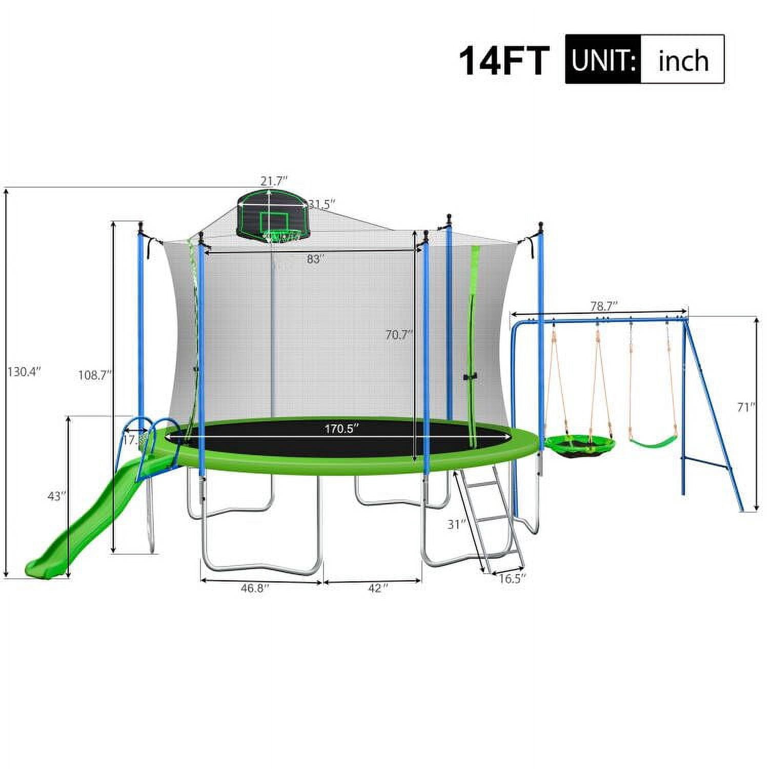 14ft Trampoline with Slide and Basketball Hoop for Kids Teens Adults, Swing-metal Outdoor Recreational Trampoline with Safety Enclosure Net, Capacity for 5-6 Kids