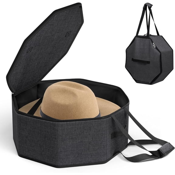 Hat Box for Travel and Storage, Collapsible Cowboy Cap Organizer for Closet with Handles, Hat Boxes for Men and Women Storage Large Cap Case Carrier with Cardbord, Black