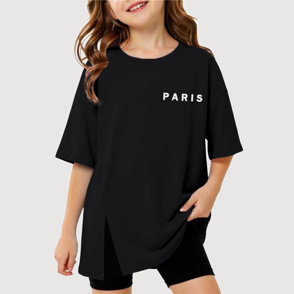 Gyujnb Paris Print Side Slit Short Sleeve T Shirt Casual Round Neck Loose Tee (Girls),11-12 Years