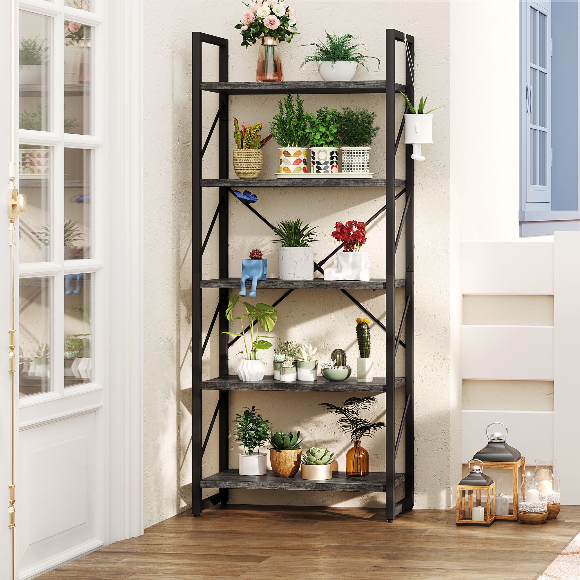 Dextrus 5-Tier Industrial Ladder Freestanding Bookcase with Open Storage Shelves, Gray & Black