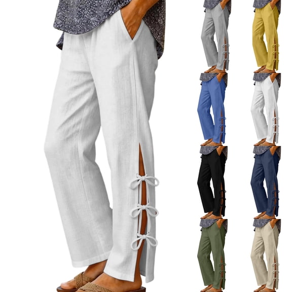 Women's Cotton Side Lace‑Up Split‑Hem Pants High‑Waist Elastic Waist Casual Long Trousers with Side Pockets White XL(XL)