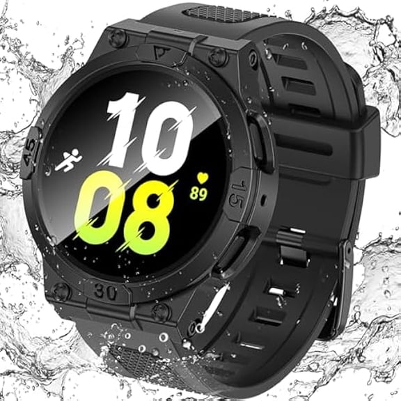3 in 1 Waterproof Case and Band for Samsung Galaxy Watch FE(2024) 5 4 40mm, 360° Protective Hard PC with Tempered Glass Screen Protector for Galaxy Watch Cover Bumper Accessories, Black