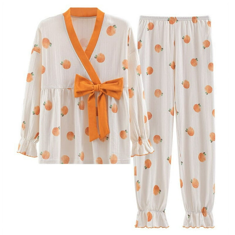 DanceeMangoo Womens Pajamas Set Autumn Winter Kimono Elastic Waist Sleepwear  Set Cotton Womens Long Sleeve Nightwear Print Top Long 