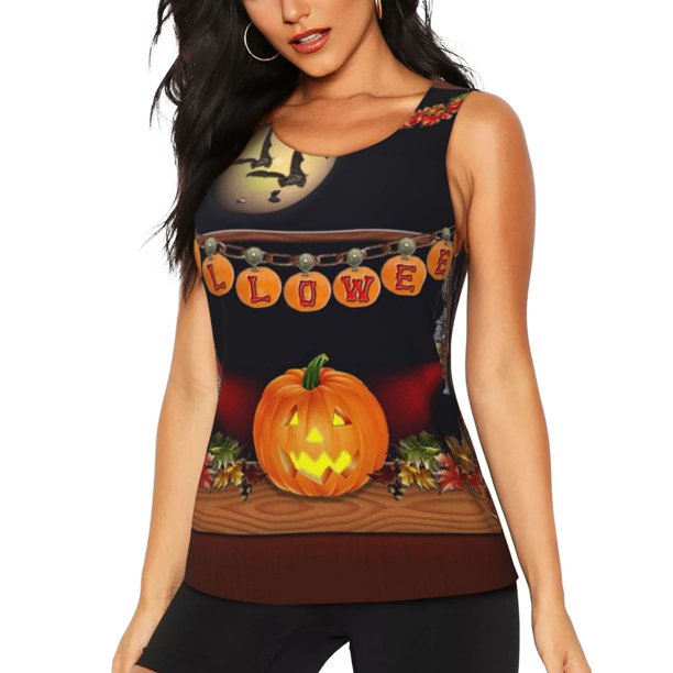 Balery Halloween Decoration Camiseta sin mangas estampada ligera para mujer, tops de entrenamiento sin mangas, camisetas de yoga transpirables de secado rápido.-Medium