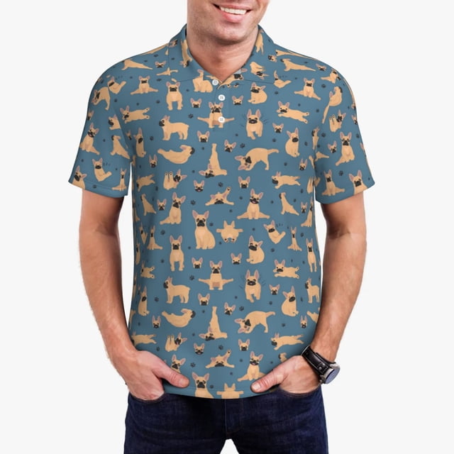 Fotbe French Bulldog Yoga Camiseta Polo de Golf para Hombre con Estampado – Camisa Deportiva Transpirable con Cuello Abotonado-Large