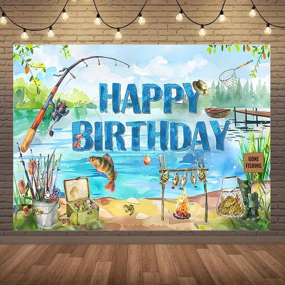 Gone Fishing Backdrop Fishing Theme Happy Birthday Photography Background for Boys Men Happy First Birthday Baby Shower Party Decorations Banner Supplies Photo Booth Props
