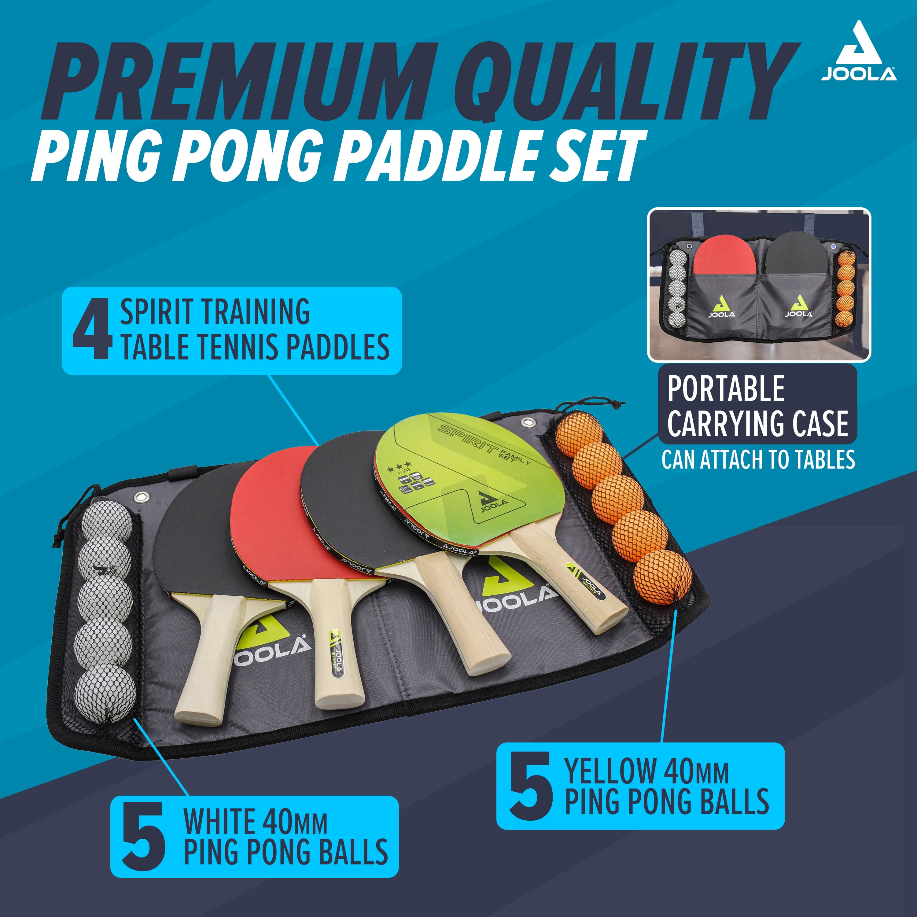 JOOLA Family Set Regulation Size Table Tennis Bundle with Carrying Case, 4ct Ping Pong Paddles, 10ct Ping Pong Balls