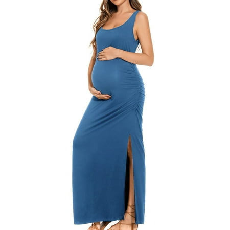 

MINZON Maternity Dress Solid Color Long Split SleeveLess Ruched Pregnancy Clothes