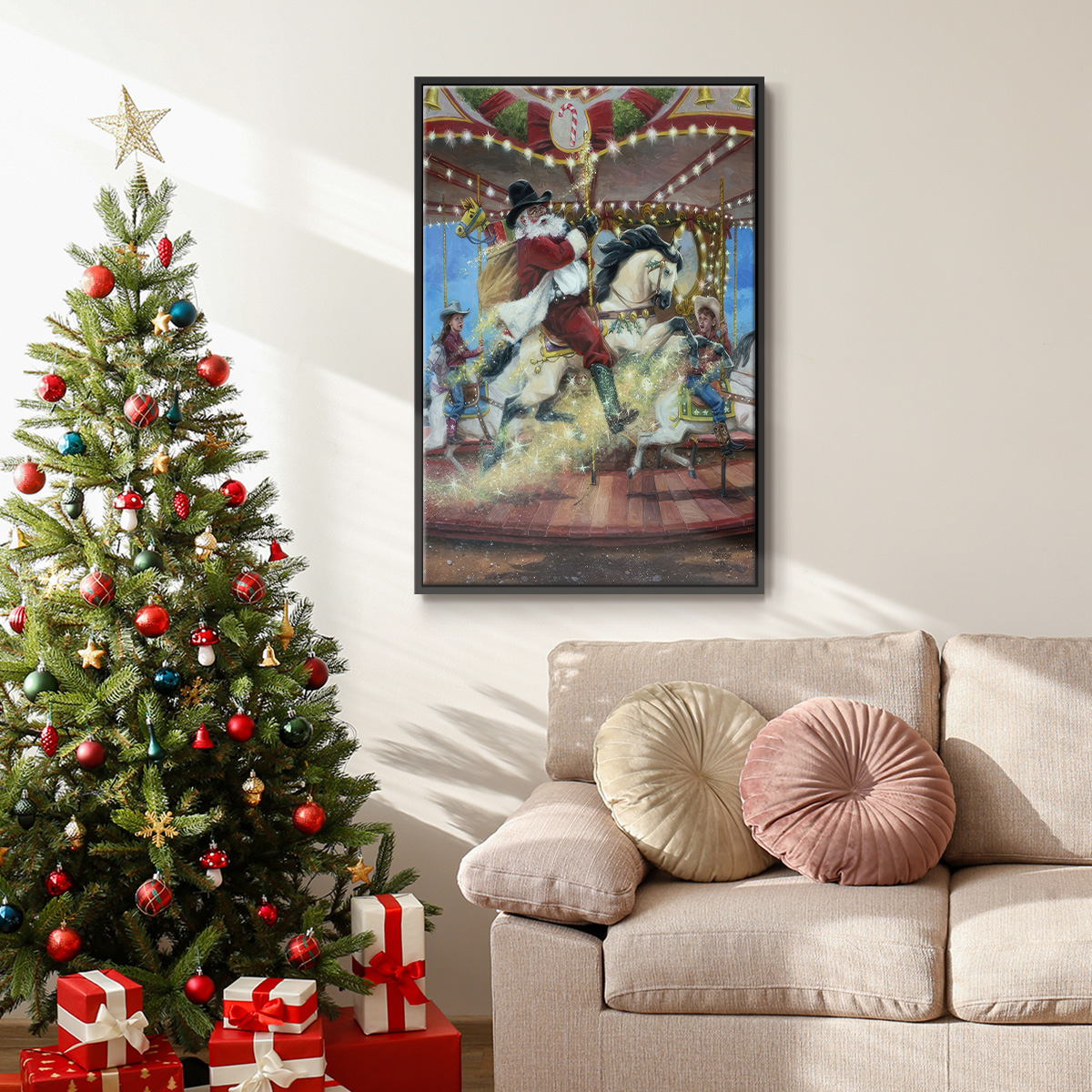 Merry Go Round - Framed Gallery Wrapped Holiday Canvas - 17 x 25 - Black Frame