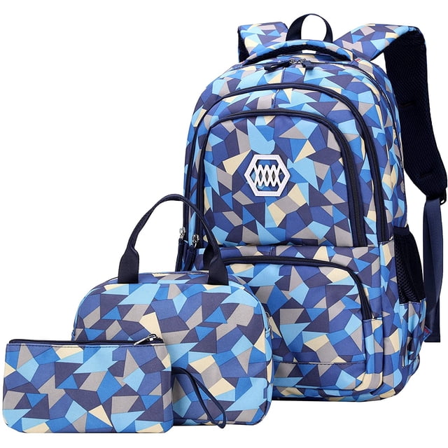 Waterproof School Backpack Set Fits 14" Laptop Backpack Daypack College School Bookbag with Lunch Box and Pencil Case (Geometric Printed,Purple)