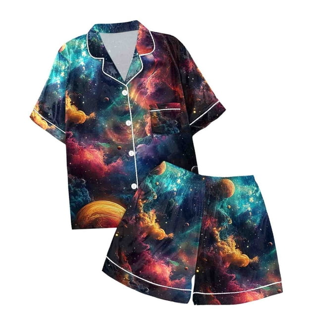 MIASHUI Ensembles de Pyjamas 2 Pcs pour Filles Manches Courtes Imprimé Tenues de Nuit, Noir, 8-9 Ans