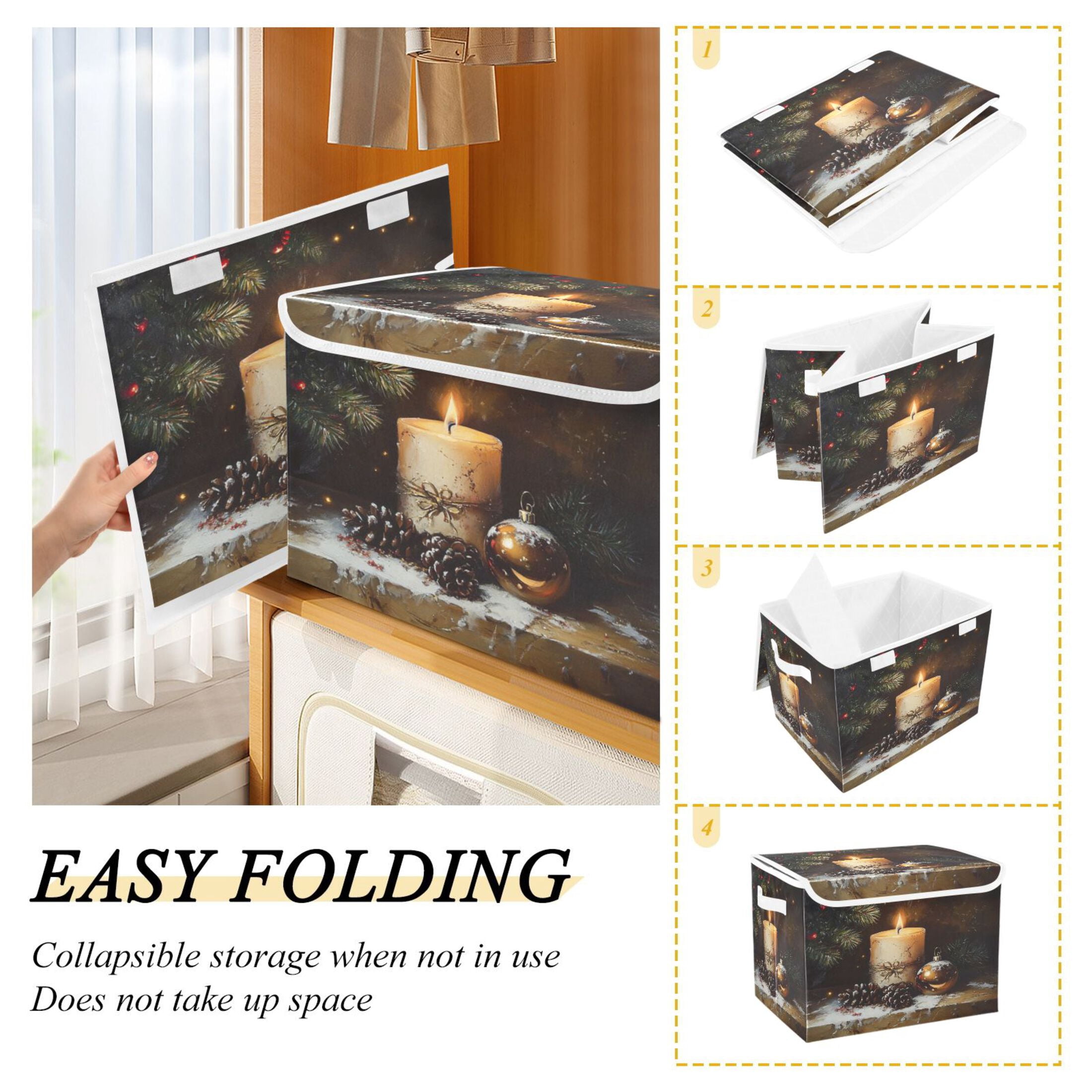 Storage Box With Lid 16.5x12.6x11.8In Foldable Stacked Household Storage Box Beautiful Christmas Candle Picture