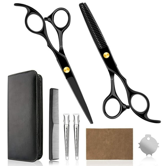 8 PCS Professional Home Hair Cutting Scissors Kits, Quality Home Haircutting Scissors Barber/Salon/Home Thinning Shears Kit with Comb and Case for Men and Women, Black