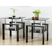 Black Glass End Tables, Small Glass Top End Table, Black Side Table, Square Shape, Tempered Glass Top, Metal Frame, for Living Room Bedroom (All Black, 1Pcs End Table)
