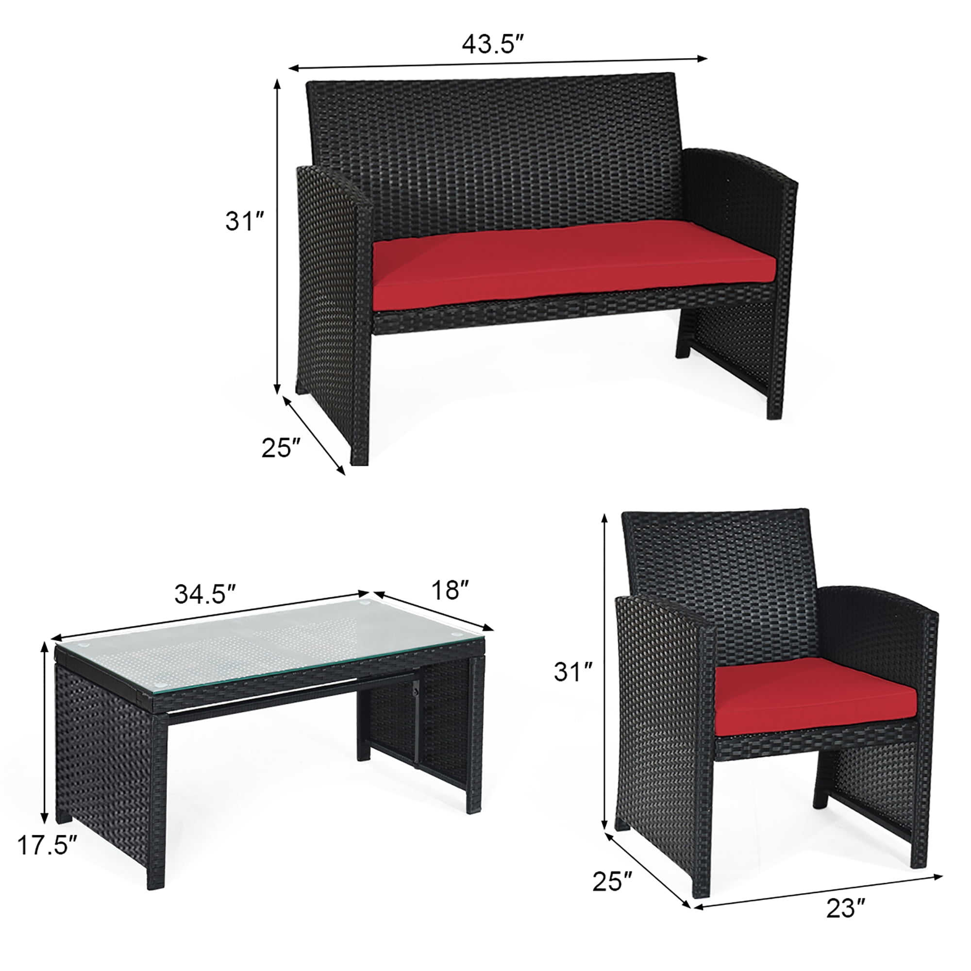 Costway 8PCS Patio Rattan Furniture Conversation Set Cushion Sofa Table Garden Red