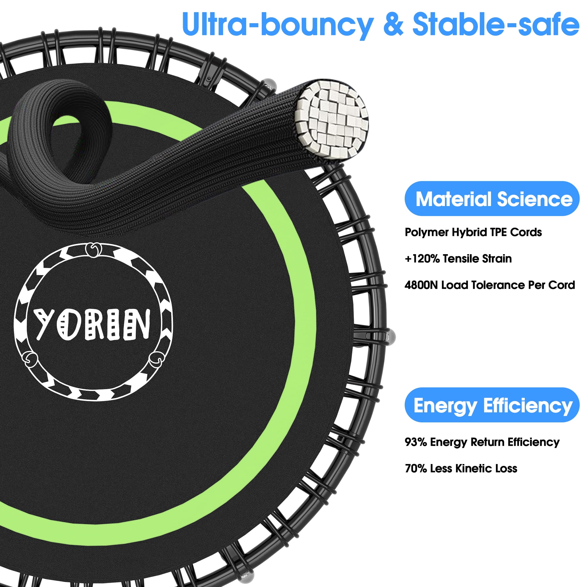YORIN Rebounder Foldable Trampoline for Adults, 330LBS Fitness Indoor Trampoline, 40" 48" 50" Mini Exercise Trampoline with Bungees, 3 Level Adjustable Foam Handle Bar, Stable Quiet Small Trampoline