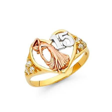 12 Mm Round Ring - 14k Tri Colored Italian Gold 12mm Love Dolphin Heart Quinceanera 15 Anos with Round Cubic Zirconia Ring Size 7.5 Available All Sizes