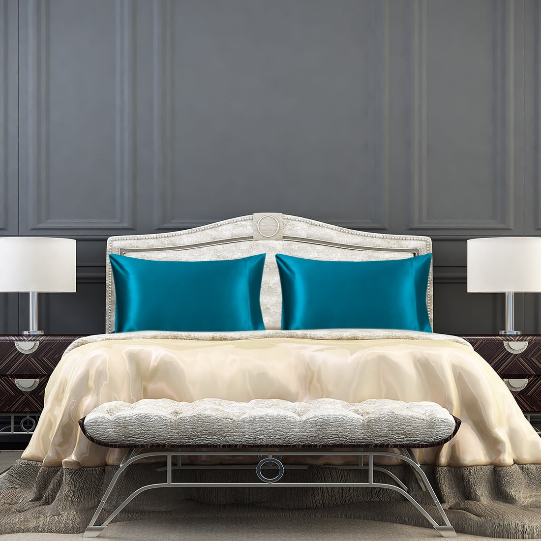 PiccoCasa Silk Pillowcases + Silk Eye Cover With Gift Box King Peacock Blue