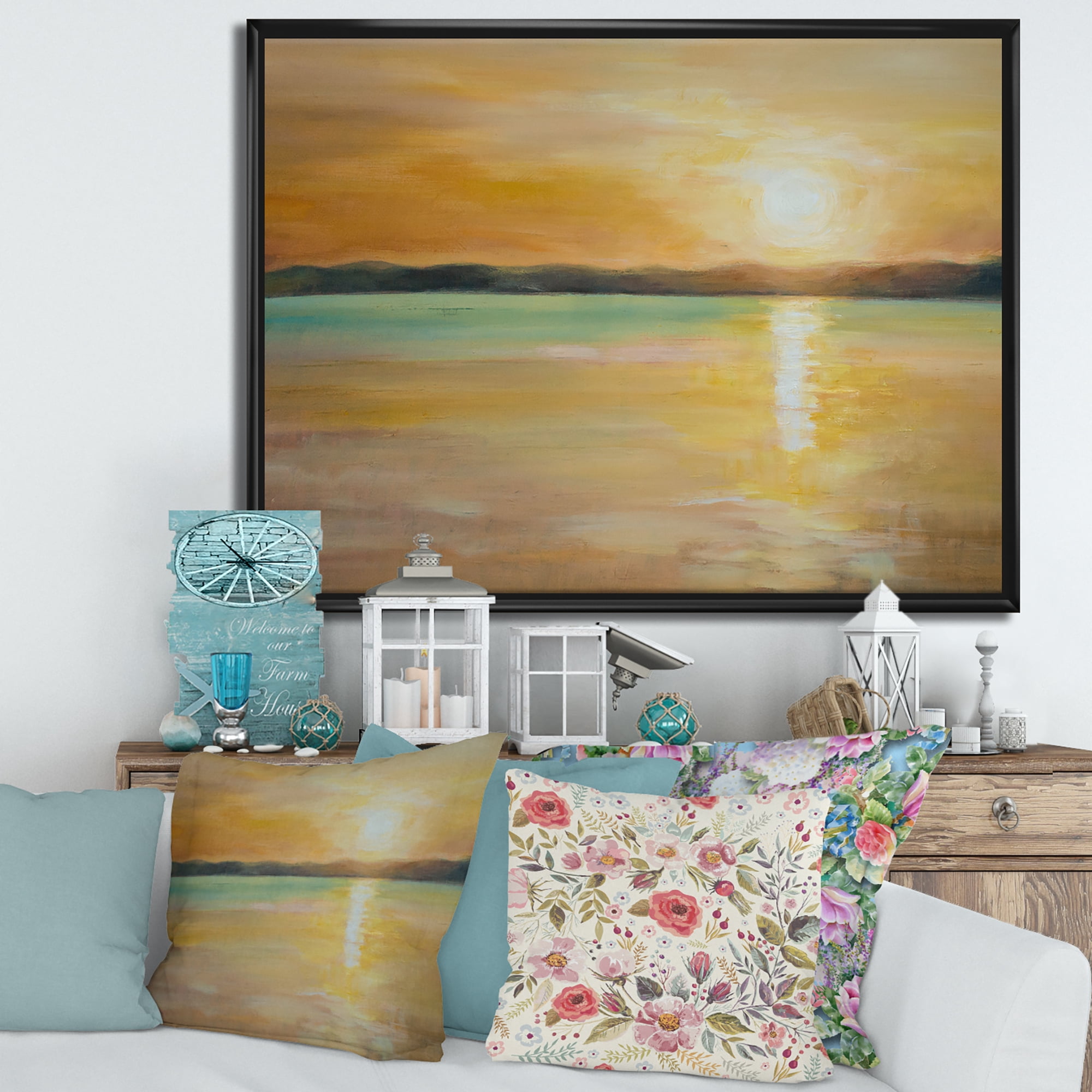 Designart 'Abstract Yellow Sunset At The Horizon' Nautical & Coastal Framed Canvas Wall Art Print