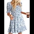 thumbnail image 3 of Vestido Informal de Verano para Mujer, Corta, Cuello Cuadrado, Fruncido, Estilo Bohemio, Floral, Minivestido Fluido de Corte A Azul L, 3 of 7