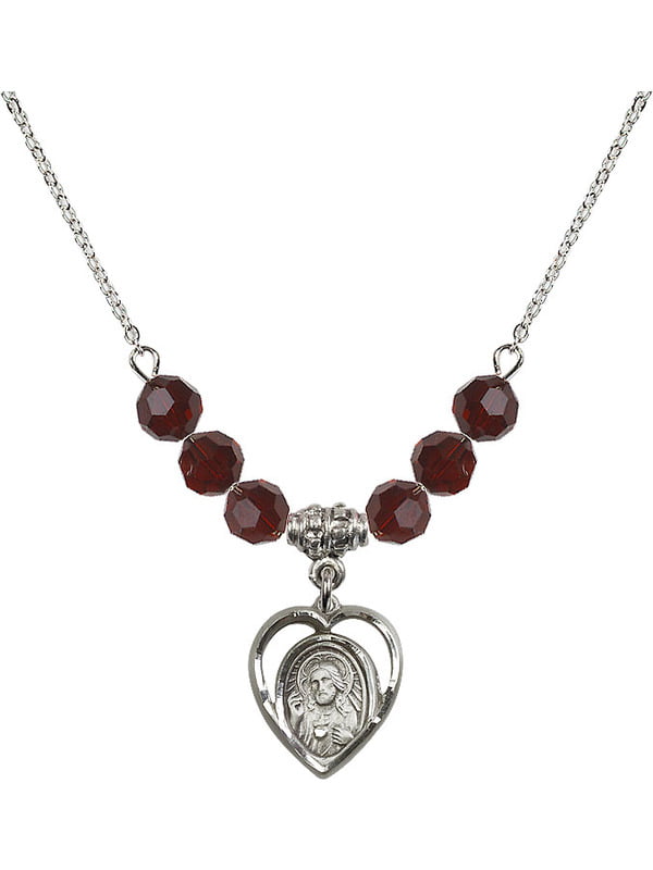 18-Inch Rhodium Plated Necklace with 6mm Garnet Birthstone Beads and Sterling Silver Heart Charm.