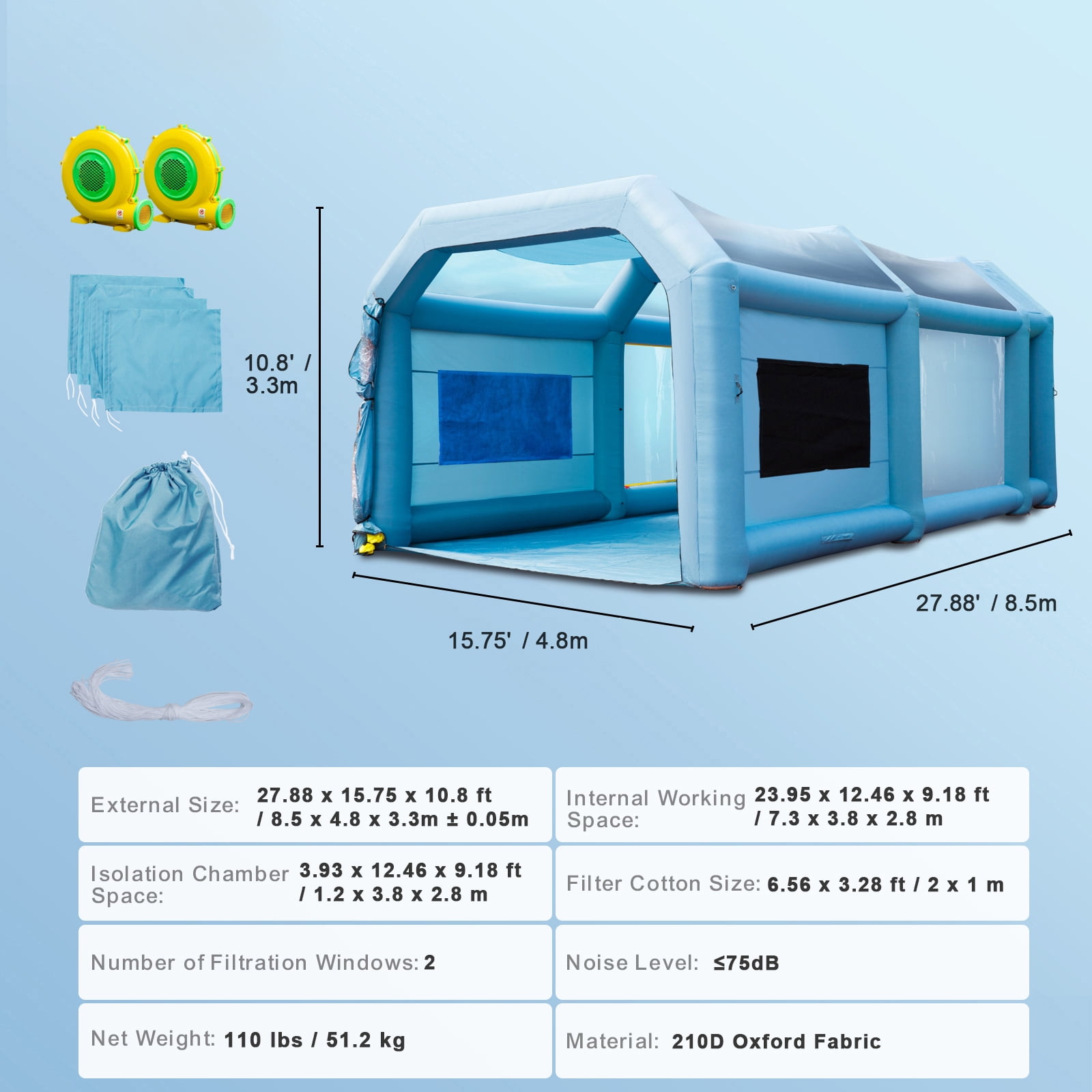 KFFKFF Aerated Spray booth Car Paint Tent 28x16x11ft Filter System 2 hair dryers