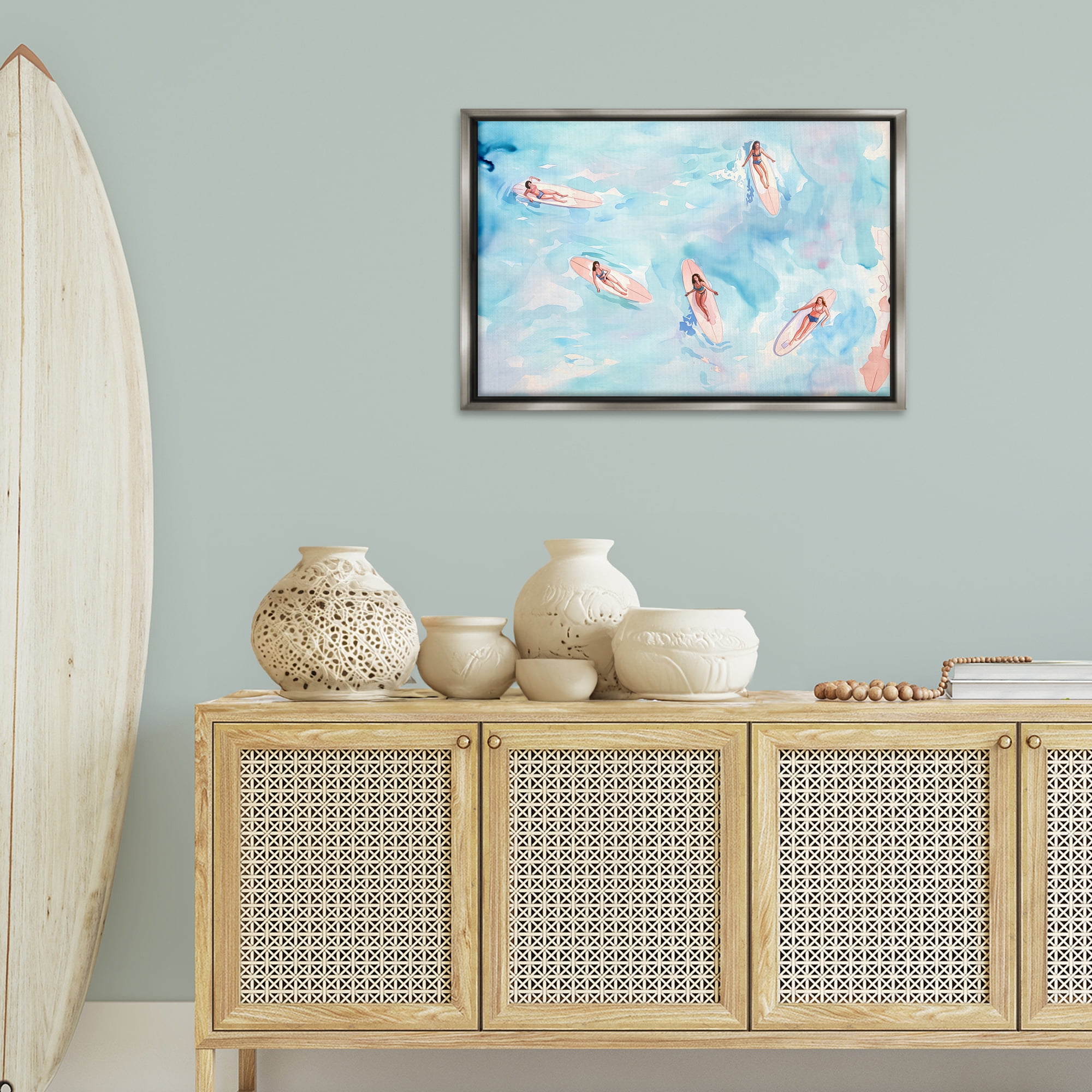 Stupell Industries Surfer Girls on Sea People Painting Gray Floater Framed Canvas Art Print Wall Art, 31 x 21
