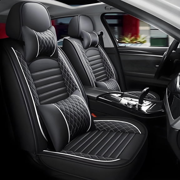 WRWolf Seat Covers for Toyota Corolla 2014-2019 | 5-Seats Leather Seat Covers, Easy to Install Automotive Seat Covers Full Set (Full Set, Black&White)