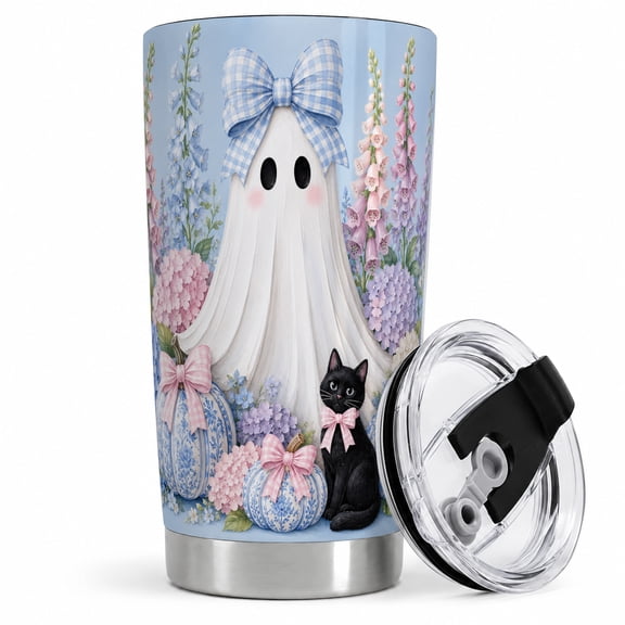 Sunflower Witch Ghost Tumbler, 20oz Insulated Drinkware for Halloween Fans Stainless steel insulated tumbler with lid, witch ghost and sunflower pumpkin art for water, iced coffee, or tea
