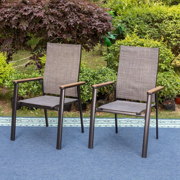 SUMMIT LIVING Stackable Outdoor Patio Dining Chairs Set of 2, Aluminum Frame & Textilene Seat, Black & Gray