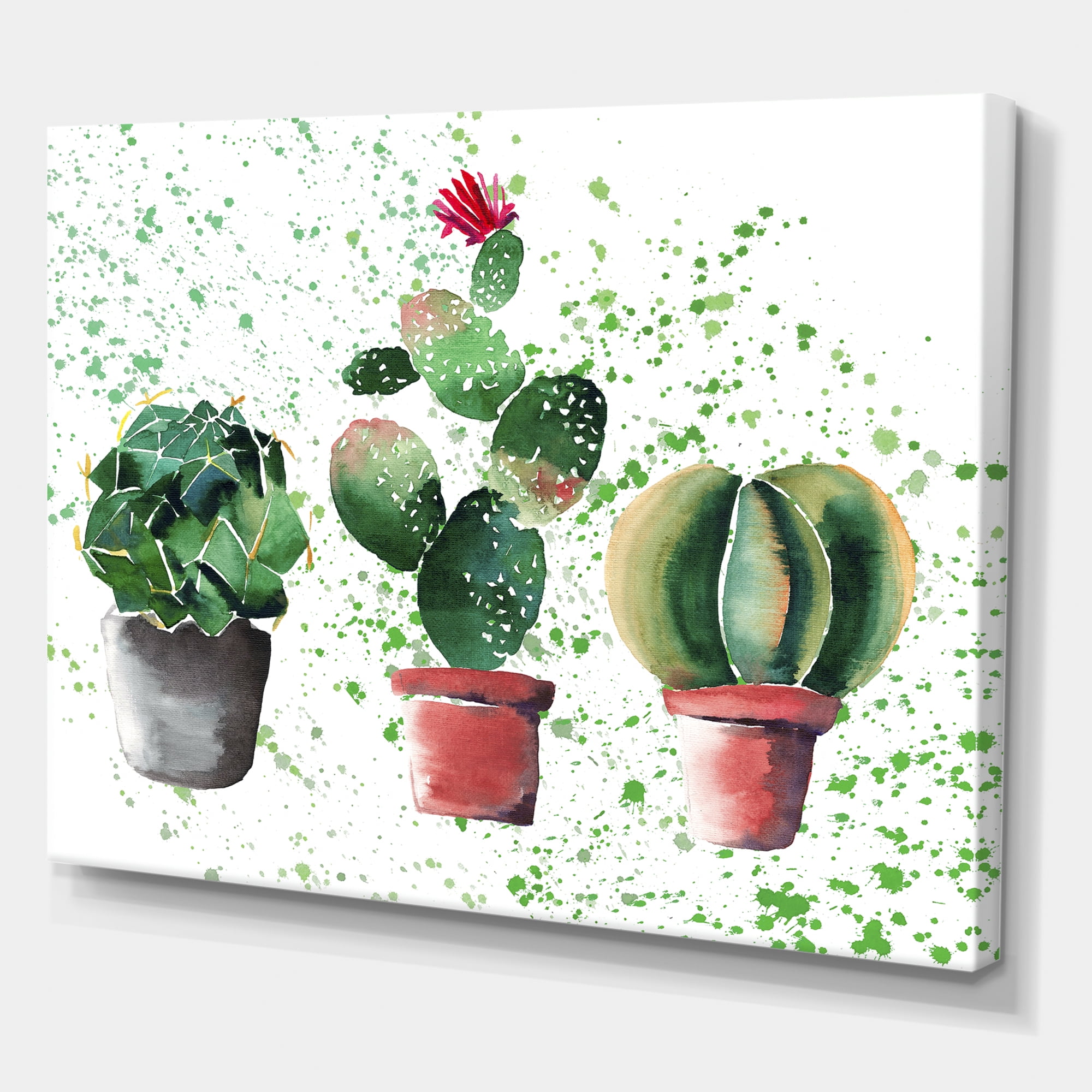 Designart ' Three Cacti In Clay Pots With Green Dots ' Traditional Canvas Wall Art Print