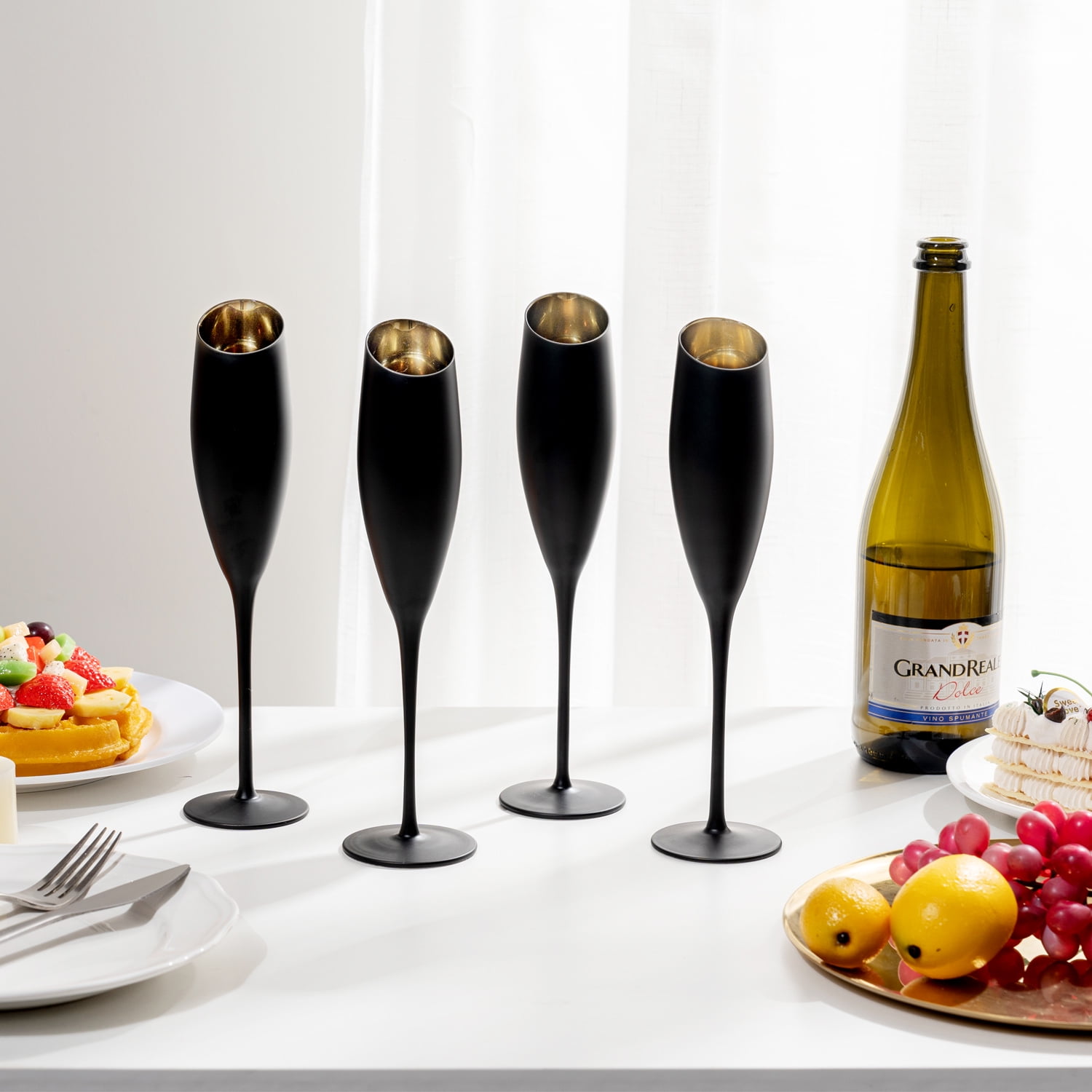 MyGift Set of 4 Matte Black and Gold Angled Rim Stemmed Glass Champagne Flutes