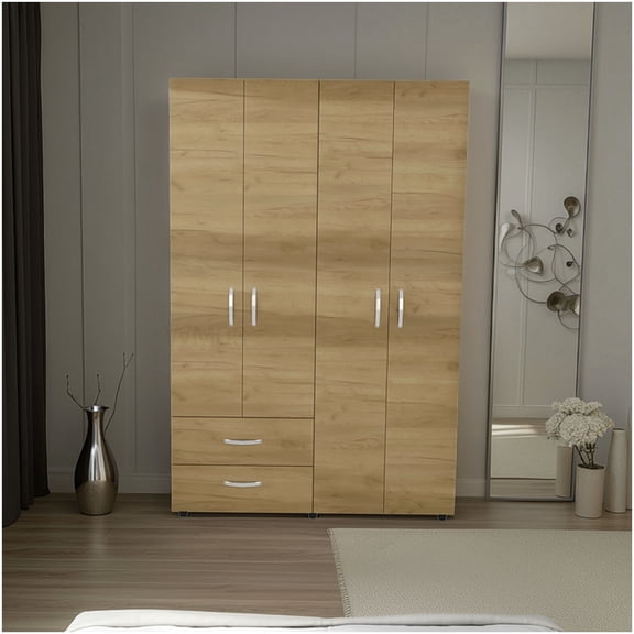 4-Door Armoire with Drawers & Hanging Rods, Oak Storage Cabinet for Bedroom or Living Room Organizing