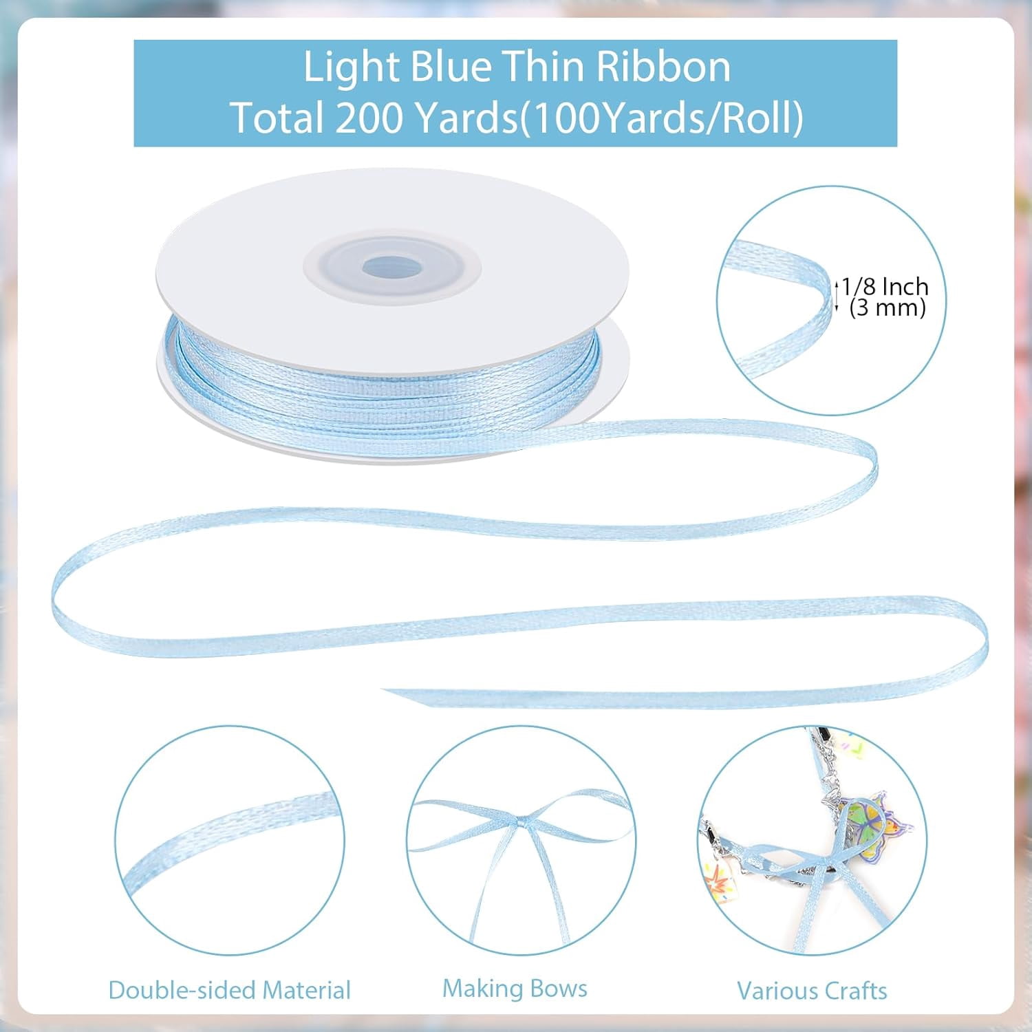 200 Yards Light Blue Ribbon Double Faced Thin Sky Blue Ribbon Cake Bows for Cards Jewelry String Balloon Graduation Decorations