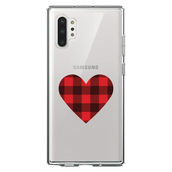 DistinctInk Clear Shockproof Hybrid Case for Galaxy Note 10 PLUS (6.8" Screen) - TPU Bumper Acrylic Back Tempered Glass Screen Protector - Buffalo Heart - Red Black Plaid