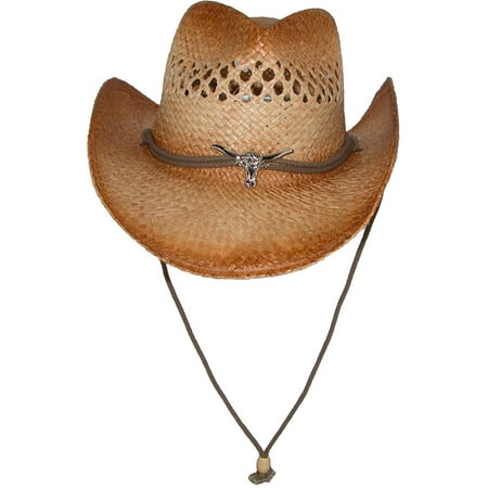 Raffia Classic Hat - Men's Raffia Cowboy Hat with Longhorn Concho, Tan