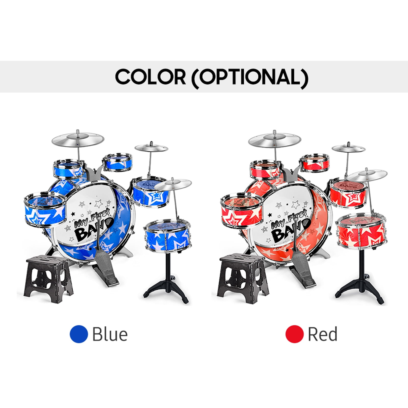 Drum Kit Kids Drum Set 6 Piece Jazz Drum Kit with Cymbal Pedal Drumsticks Folding Step Stool Percussion Musical Instrument for Children Beginners Plastic Metal