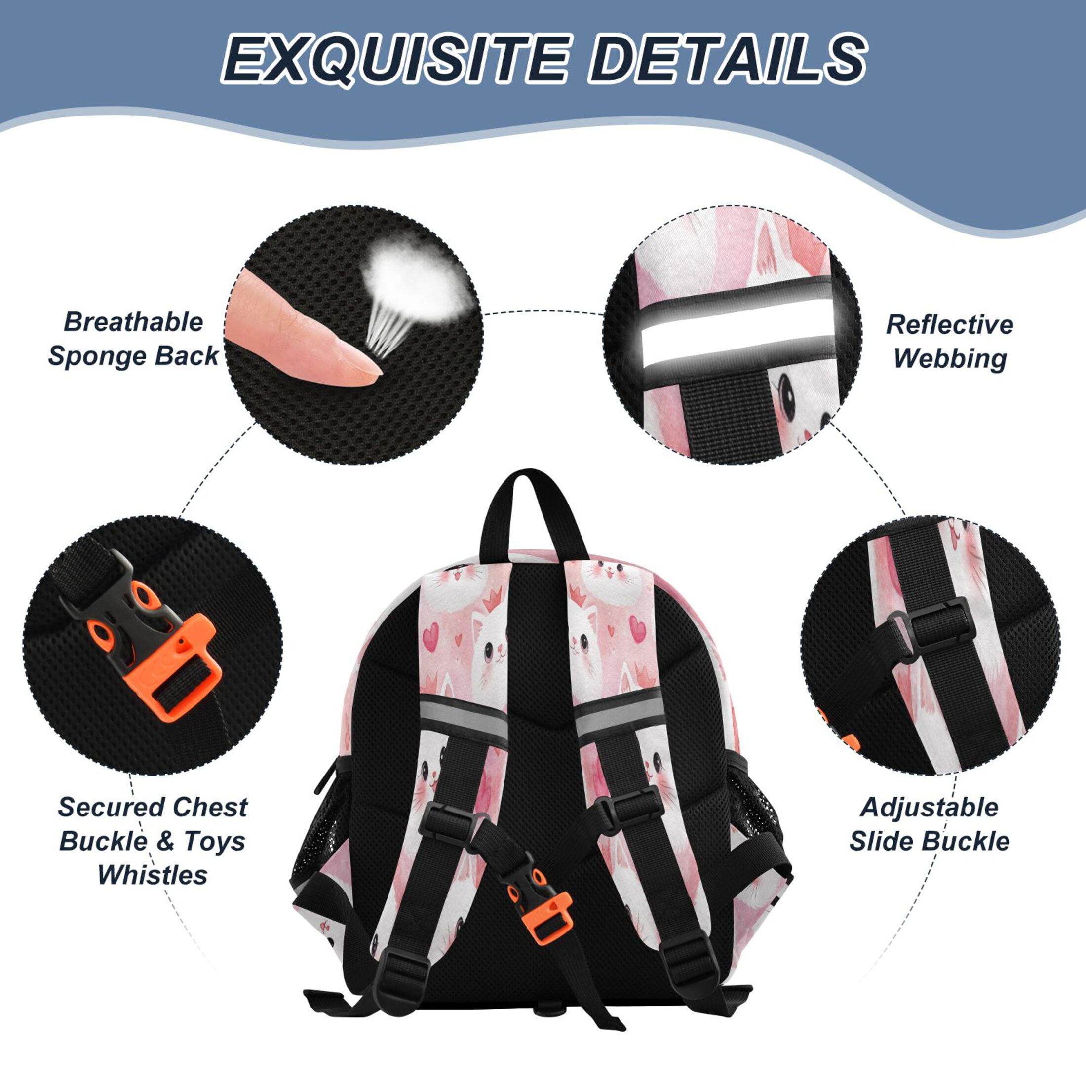 RMDQTR Adorable Ear-Print Backpack with Reflective Strip and Anti-Lost Leash Adjustable Shoulder Straps Mini Travel Backpack Cat Faces and Pink Hearts